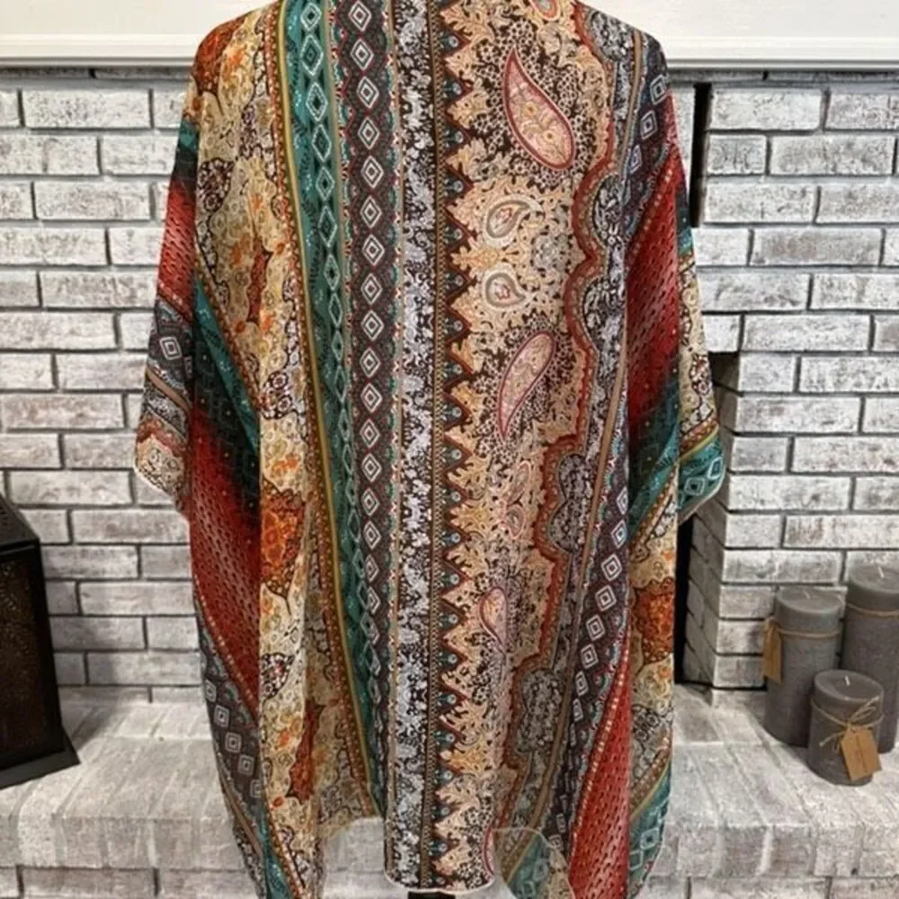 Unbranded Womens Floral Geometric Print Open Front Kimono Multicolor One Size - Picture 5 of 8